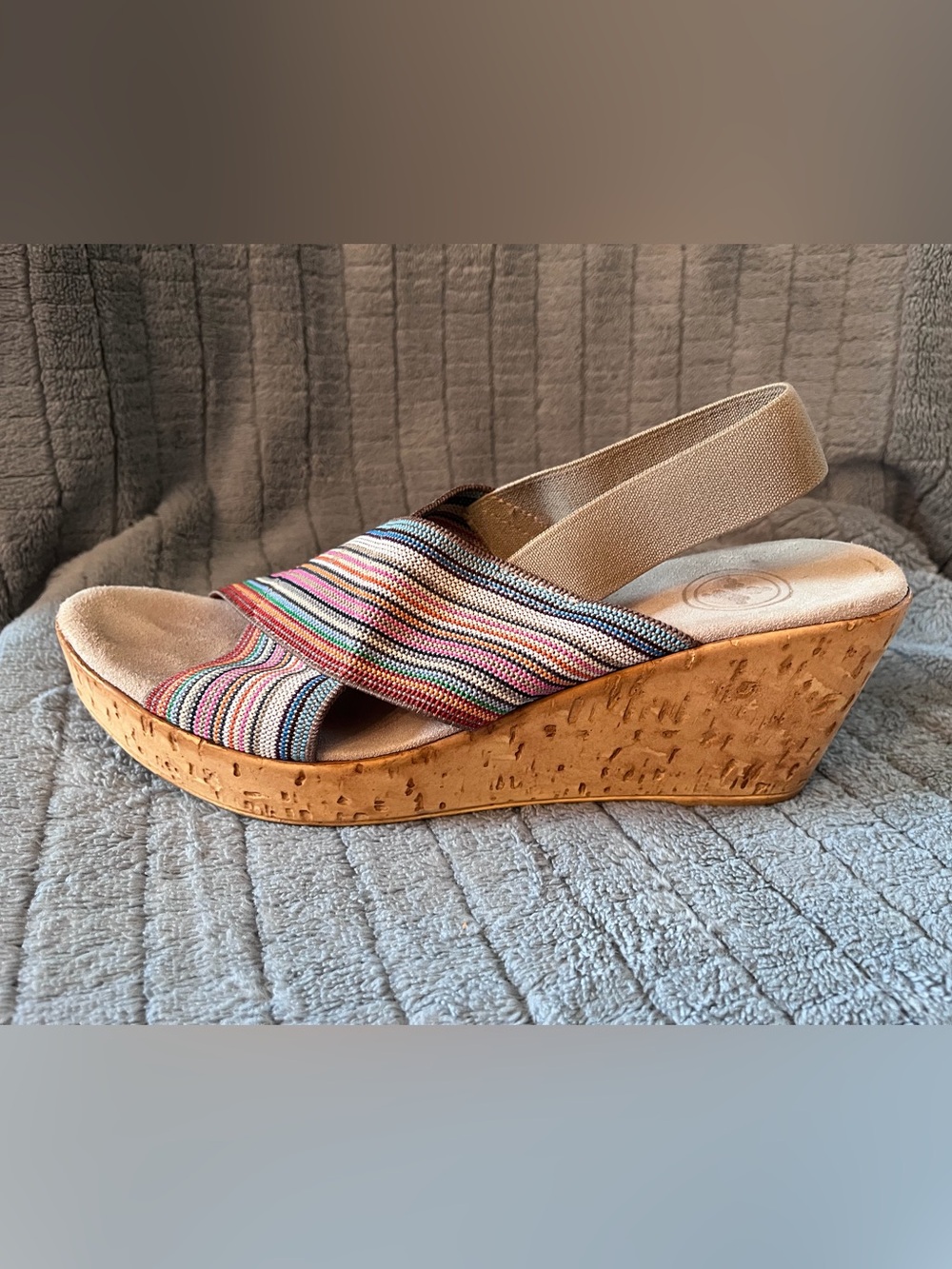 CHARLESTON SHOE CO. Multicolor Striped Wedge Sandal with Cork Platform, Size 9